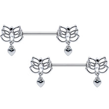 Load image into Gallery viewer, 14G 5/8 Clear Gem Lotus Heart Dangle Barbell Nipple Ring Set
