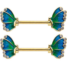 Load image into Gallery viewer, 14G 9/16 Clear Gem Gold Tone Blues Butterfly Nipple Ring Set
