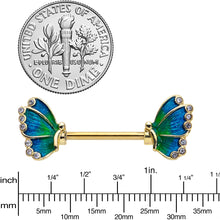 Load image into Gallery viewer, 14G 9/16 Clear Gem Gold Tone Blues Butterfly Nipple Ring Set
