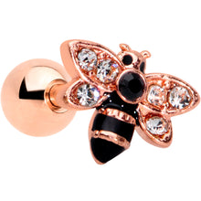 Load image into Gallery viewer, 16G 1/4 Clear Black Gem Rose Gold Tone Bee Cartilage Tragus
