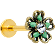 Load image into Gallery viewer, 16G 5/16 Clear Gem Gold Tone Green Flower Labret Monroe Tragus
