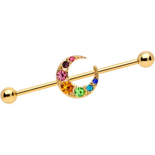 Load image into Gallery viewer, 14G Rainbow Gem Gold Tone Crescent Moon Industrial Barbell 38mm
