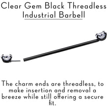 Load image into Gallery viewer, 14G Clear CZ Gem Black Threadless Industrial Barbell 38mm
