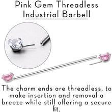 Load image into Gallery viewer, 14G Pink CZ Gem Threadless Industrial Barbell 38mm
