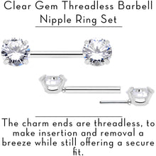 Load image into Gallery viewer, 14G 1/2 Clear CZ Gem Threadless Barbell Nipple Ring Set
