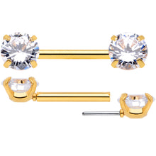 Load image into Gallery viewer, 14G 1/2 Clear CZ Gem Gold Tone Threadless Nipple Ring Set
