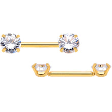Load image into Gallery viewer, 14G 1/2 Clear CZ Gem Gold Tone Threadless Nipple Ring Set
