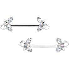 Load image into Gallery viewer, 14G 1/2 Clear Aurora Gem Loop Butterfly Barbell Nipple Ring Set
