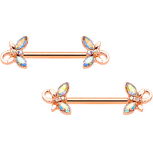 Load image into Gallery viewer, 14G 1/2 Aurora Gem Rose Gold Tone Loop Butterfly Nipple Ring Set
