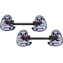 Load image into Gallery viewer, 14G 9/16 Black Watermelon Sloth Barbell Nipple Ring Set
