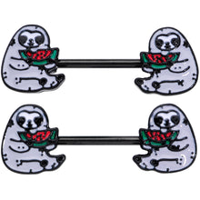 Load image into Gallery viewer, 14G 9/16 Black Watermelon Sloth Barbell Nipple Ring Set
