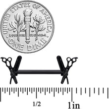 Load image into Gallery viewer, 14G 9/16 Black Scissors Comb Barbell Nipple Ring Set
