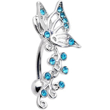 Load image into Gallery viewer, Aqua Gem Butterfly Flower Garland Top Mount Belly Ring
