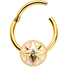 Load image into Gallery viewer, 16G 3/8 Clear Gem Gold Tone Sailors Compass Hinged Segment Ring
