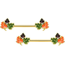 Load image into Gallery viewer, 14G 9/16 Gold Tone Lovely Autumn Leaves Barbell Nipple Ring Set
