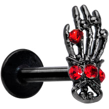 Load image into Gallery viewer, 16G 5/16 Red Gem Black Skeleton Hand Halloween Labret Tragus

