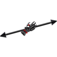 Load image into Gallery viewer, 14G Red Gem Black Skeleton Hand Halloween Industrial Barbell 38mm
