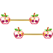 Load image into Gallery viewer, 14G 5/8 Green Purple Gem Gold Tone Cherry Apple Nipple Ring Set
