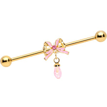 Load image into Gallery viewer, 14G Pink Gem Gold Tone Bow Dangle Industrial Barbell 38mm

