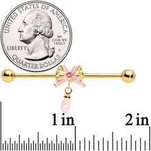 Load image into Gallery viewer, 14G Pink Gem Gold Tone Bow Dangle Industrial Barbell 38mm
