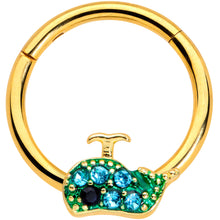 Load image into Gallery viewer, 16G 3/8 Aqua Gem Gold Tone Water Whale Hinged Segment Ring
