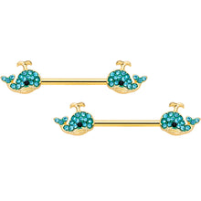 Load image into Gallery viewer, 14G 9/16 Aqua Gem Gold Tone Blue Whale Nipple Ring Set
