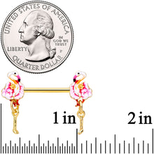 Load image into Gallery viewer, 14G 9/16 Gold Tone Pink Flamingo Dangle Barbell Nipple Ring Set
