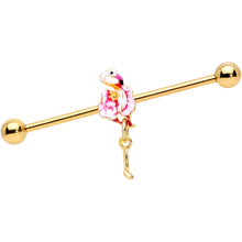 Load image into Gallery viewer, 14G Gold Tone Pink Flamingo Dangle Industrial Barbell 38mm
