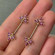 Load image into Gallery viewer, 14G 9/16 Red Gem Gold Tone Autumn Leaves Nipple Ring Set
