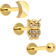 Load image into Gallery viewer, 16G 5/16 Gold Tone Clear Gem Owl Moon Labret Tragus Set of 3
