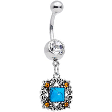 Load image into Gallery viewer, Clear Yellow Gem Blue Faux Turquoise Square Dangle Belly Ring
