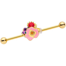 Load image into Gallery viewer, 14G Red Blue Gem Gold Tone Multi Flower Industrial Barbell 38mm
