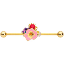 Load image into Gallery viewer, 14G Red Blue Gem Gold Tone Multi Flower Industrial Barbell 38mm
