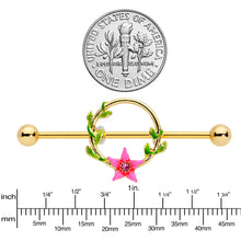 Load image into Gallery viewer, 14G Pink Gem Gold Hue Exotic Flower Circle Industrial Barbell 38mm

