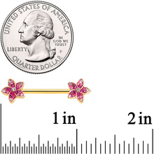 Load image into Gallery viewer, 14G 9/16 Purple Gem Gold Tone Flowers Barbell Nipple Ring Set
