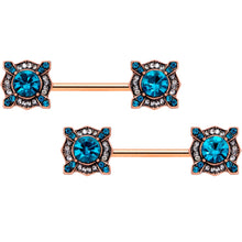 Load image into Gallery viewer, 14G 9/16 Aqua Gem Rose Gold Tone Renaissance Nipple Ring Set
