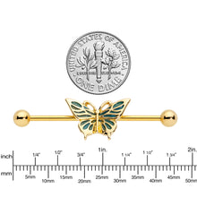 Load image into Gallery viewer, 14G Gold Tone Green Inlay Butterfly Industrial Barbell 38mm
