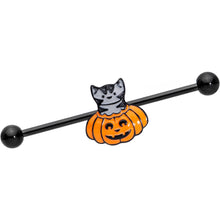 Load image into Gallery viewer, 14G Black Tabby Cat Pumpkin Halloween Industrial Barbell 38mm

