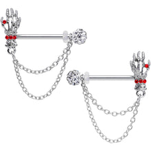 Load image into Gallery viewer, 14G 9/16 Red Gem Skeleton Hands Halloween Dangle Nipple Ring Set
