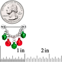 Load image into Gallery viewer, 14G 5/8 Green Red Green Bell Christmas Dangle Nipple Ring Set
