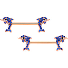 Load image into Gallery viewer, 14G 9/16 Blue Gem Rose Gold Tone Dolphin Barbell Nipple Ring Set
