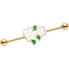 Load image into Gallery viewer, 14G Gold Tone White Gardenia Flower Industrial Barbell 38mm
