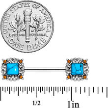 Load image into Gallery viewer, 14G 9/16 Blue Faux Turquoise Square Barbell Nipple Ring Set
