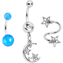 Load image into Gallery viewer, Clear Gem Star Moon Dangle Twister Blue Belly Ring Set of 3
