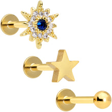 Load image into Gallery viewer, 16G 5/16 Blue Clear Gem Gold Tone Star Labret Tragus Set of 3
