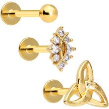 Load image into Gallery viewer, 16G 5/16 Clear CZ Gem Gold Tone Triquetra Labret Tragus Set of 3
