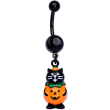 Load image into Gallery viewer, Black Gem Black Cat Surprise Pumpkin Halloween Dangle Belly Ring
