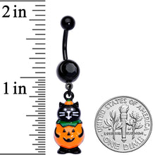 Load image into Gallery viewer, Black Gem Black Cat Surprise Pumpkin Halloween Dangle Belly Ring

