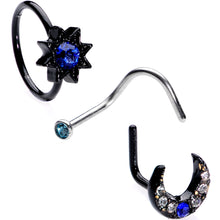 Load image into Gallery viewer, 20G 5/16 Blue Gem Black Moon Star Assorted Nose Ring Set of 3
