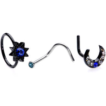 Load image into Gallery viewer, 20G 5/16 Blue Gem Black Moon Star Assorted Nose Ring Set of 3
